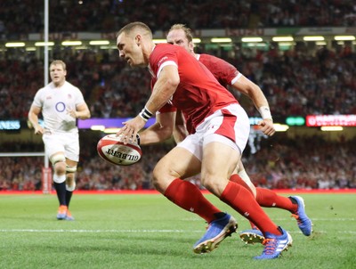 170819 - Wales v England, Under Armour Summer Series 2019 - George North of Wales runs in to score try