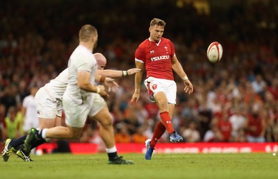 170819 - Wales v England, Under Armour Summer Series 2019 - Dan Biggar of Wales kicks across filed to set up try for George North of Wales