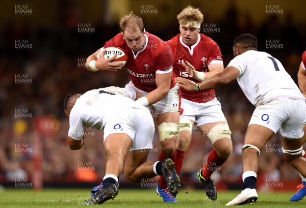170819 - Wales v England - Under Armour Summer Series - Alun Wyn Jones of Wales is tackled by Ellis Genge of England