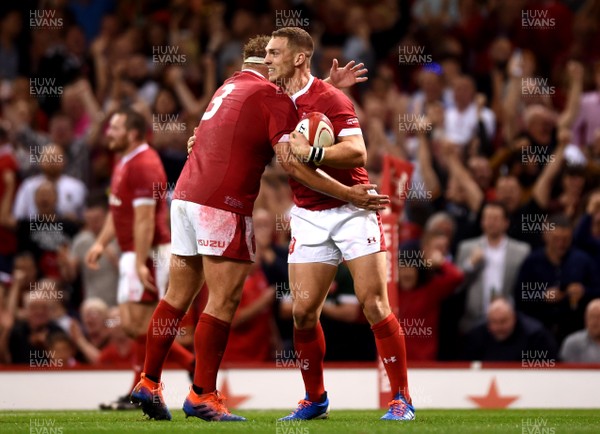 170819 - Wales v England - Under Armour Summer Series - George North of Wales celebrates try with Tomas Francis