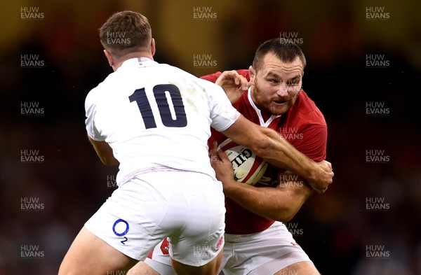 170819 - Wales v England - Under Armour Summer Series - Ken Owens of Wales takes on George Ford of England