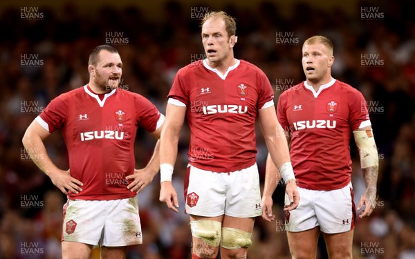170819 - Wales v England - Under Armour Summer Series - Ken Owens, Alun Wyn Jones and Ross Moriarty of Wales