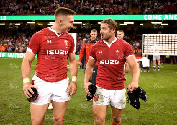 170819 - Wales v England - Under Armour Summer Series - Josh Adams and Leigh Halfpenny of Wales