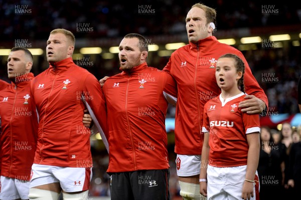 170819 - Wales v England - Under Armour Summer Series - Ross Moriarty, Ken Owens, Alun Wyn Jones of Wales and mascot during the anthems