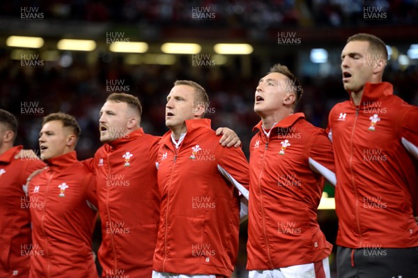 170819 - Wales v England - Under Armour Summer Series - Jarrod Evans, Dillon Lewis, Hadleigh Parkes, Josh Adams and George North of Wales line up for the anthems