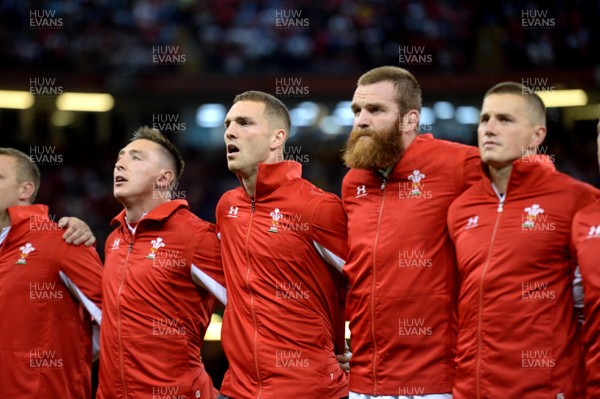 170819 - Wales v England - Under Armour Summer Series - Josh Adams, George North, Jake Ball and Jonathan Davies of Wales line up for the anthems