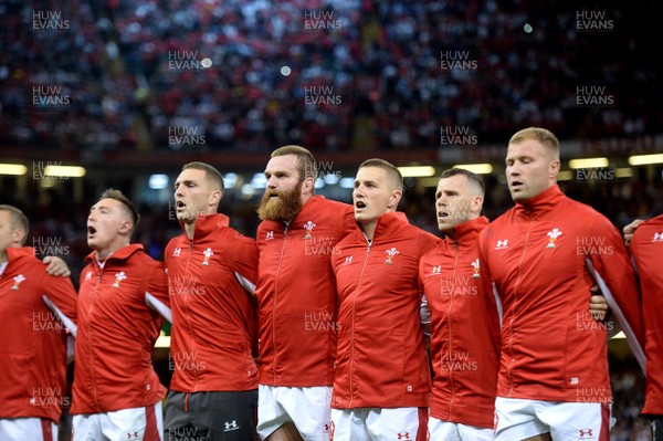 170819 - Wales v England - Under Armour Summer Series - Josh Adams, George North, Jake Ball, Jonathan Davies, Gareth Davies and Ross Moriarty of Wales line up for the anthems