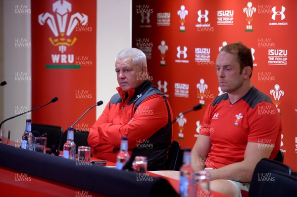 170819 - Wales v England - Under Armour Summer Series - Wales head coach Warren Gatland and Alun Wyn Jones during press conference