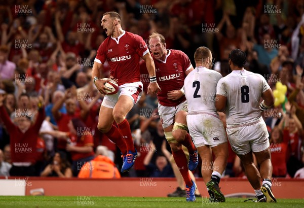 170819 - Wales v England - Under Armour Summer Series - George North of Wales celebrates scoring try with Alun Wyn Jones