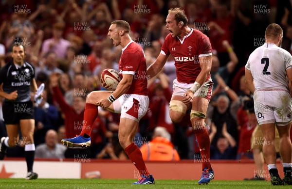 170819 - Wales v England - Under Armour Summer Series - George North of Wales celebrates scoring try with Alun Wyn Jones