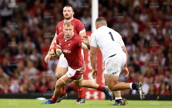 170819 - Wales v England - Under Armour Summer Series - Ross Moriarty of Wales is tackled by Ellis Genge of England