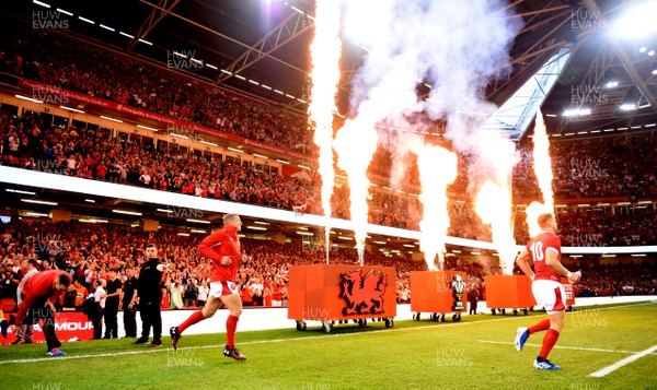 170819 - Wales v England - Under Armour Summer Series - General view of flames as the teams run out