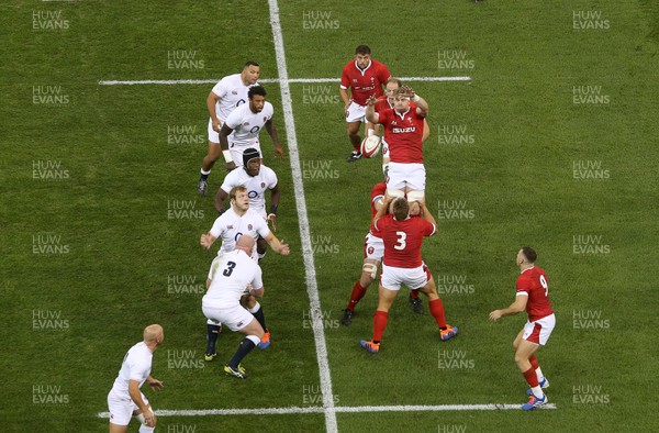 170819 - Wales v England - RWC Warm Up - Under Armour Summer Series - Aaron Wainwright of Wales wins the line out