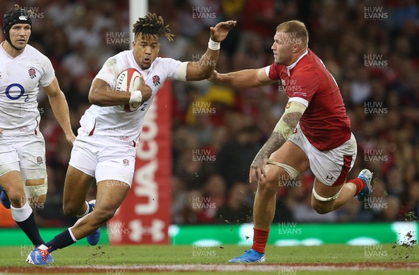170819 - Wales v England - RWC Warm Up - Under Armour Summer Series - Anthony Watson of England is tackled by Ross Moriarty of Wales