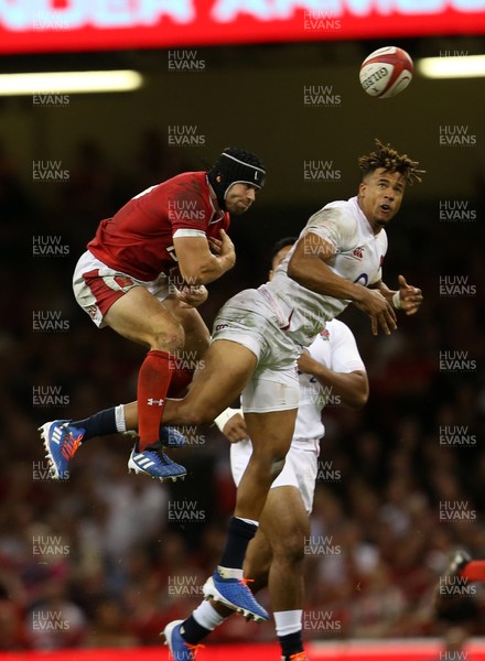 170819 - Wales v England - RWC Warm Up - Under Armour Summer Series - Leigh Halfpenny of Wales and Anthony Watson of England collide in the air