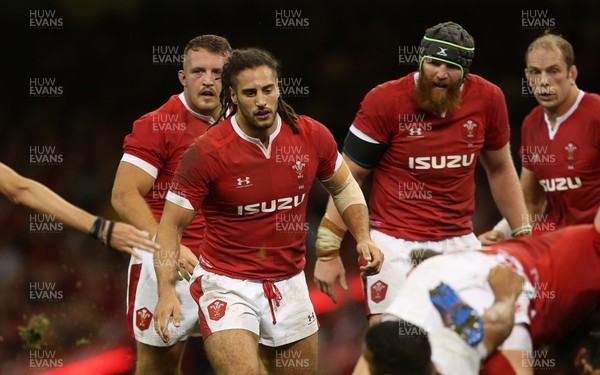 170819 - Wales v England - RWC Warm Up - Under Armour Summer Series - Dillon Lewis, Josh Navidi and Jake Ball of Wales
