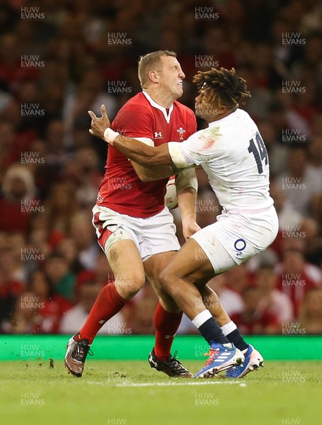 170819 - Wales v England, Under Armour Summer Series 2019 - Hadleigh Parkes of Wales is challenged by Anthony Watson of England