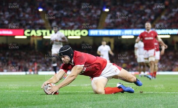 170819 - Wales v England, Under Armour Summer Series 2019 - Leigh Halfpenny of Wales dives on the ball to prevent an English try