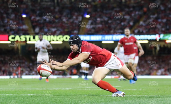 170819 - Wales v England, Under Armour Summer Series 2019 - Leigh Halfpenny of Wales dives on the ball to prevent an English try