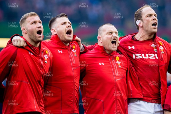 230219 - Wales v England, Guinness Six Nations  - Ross Moriarty, Rob Evans, Ken Owens and Alun Wyn Jones of Wales sing the anthem