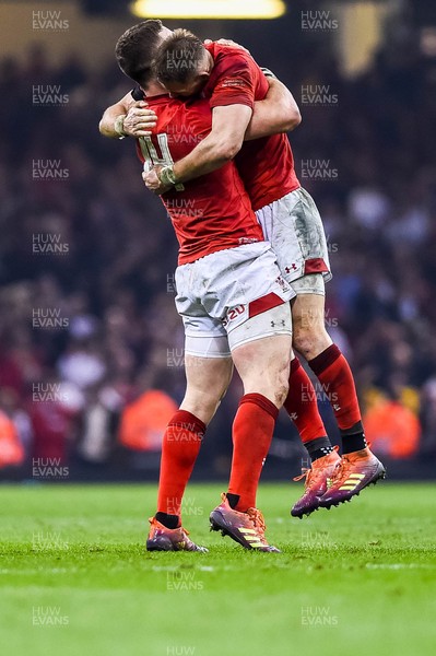 230219 - Wales v England, Guinness Six Nations  - George North of Wales and Liam Williams of Wales celebrate victory