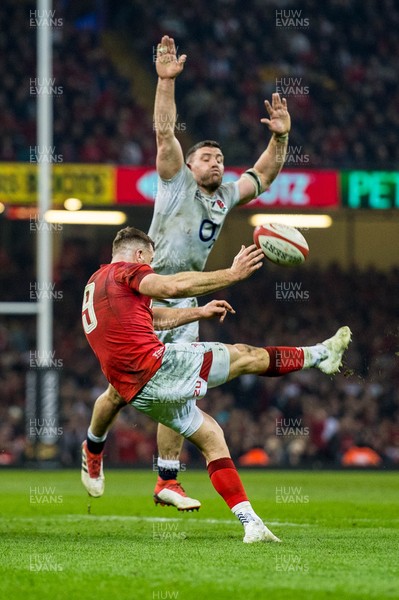 230219 - Wales v England, Guinness Six Nations  - Gareth Davies of Wales kicks the ball forward 