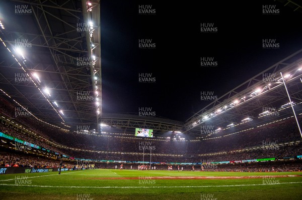 230219 - Wales v England, Guinness Six Nations  - View of the Principality stadium with the roof open at night 