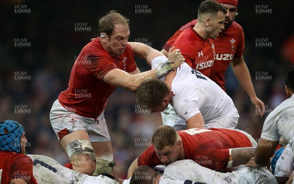 230219 - Wales v England - Guinness 6 Nations Championship - Alun Wyn Jones of Wales and Owen Farrell of England have a scuffle during the match