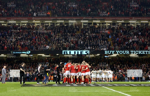 230219 - Wales v England - Guinness 6 Nations Championship - Wales huddle at full time