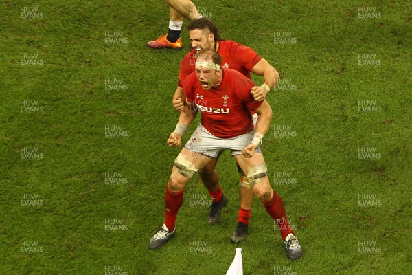 230219 - Wales v England -  Guinness 6 Nations -  Alun Wyn Jones and Josh Navidi  of Wales celebrate at the final whistle