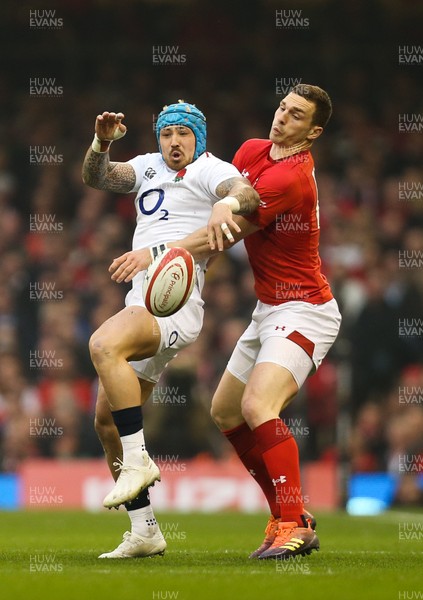 230219 - Wales v England, Guinness Six Nations - George North of Wales and Jack Nowell of England compete for the ball