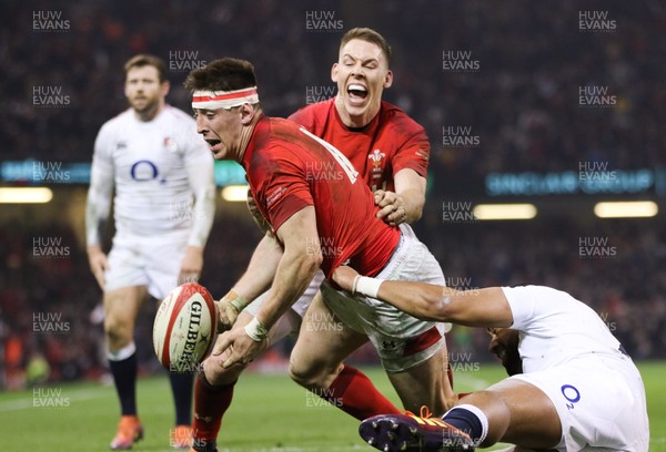 230219 - Wales v England, Guinness Six Nations - Josh Adams of Wales celebrates with Liam Williams of Wales after he scores try