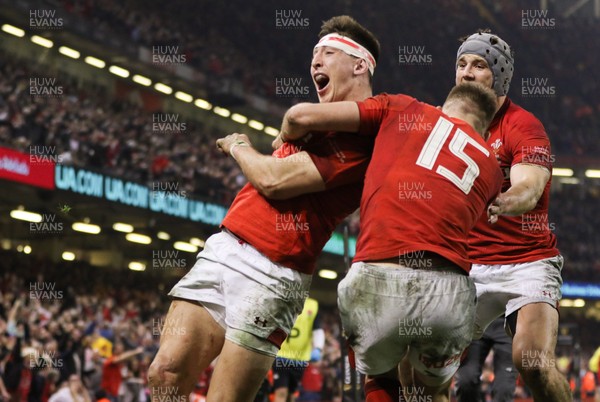 230219 - Wales v England, Guinness Six Nations - Josh Adams of Wales celebrates with Liam Williams of Wales after he scores try