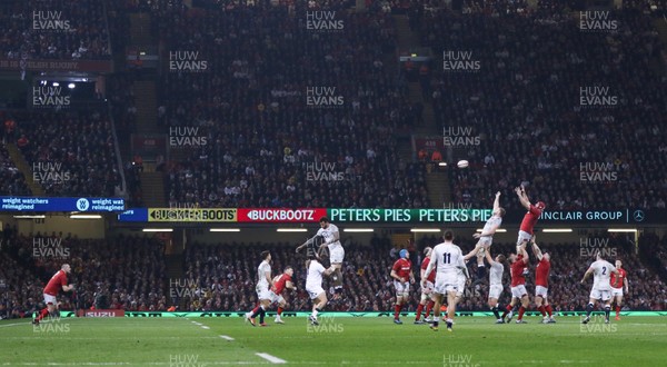 230219 - Wales v England, Guinness Six Nations - Cory Hill of Wales takes line out ball