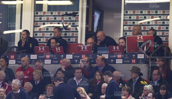 230219 - Wales v England, Guinness Six Nations Championship - Wales management team using Under Armour branded laptops