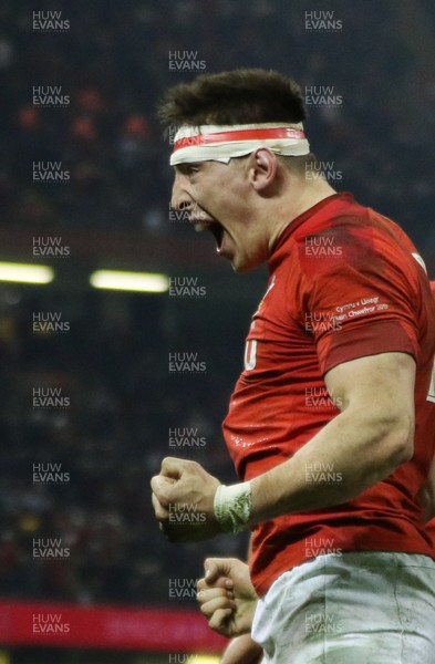 230219 - Wales v England, Guinness Six Nations Championship - Josh Adams of Wales  celebrates after scoring try