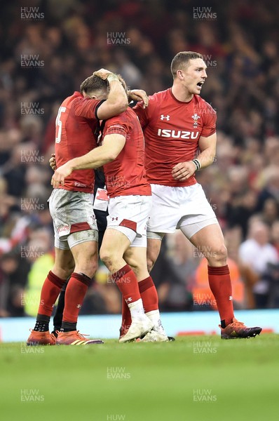 230219 - Wales v England - Guinness Six Nations -  Liam Williams of Wales George North of Wales and Gareth Davies of Wales celebrate their win