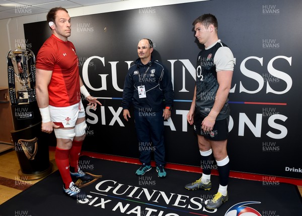 230219 - Wales v England - Guinness Six Nations Championship -  Alun Wyn Jones of Wales, Referee Jaco Peyper and Owen Farrell of England at the coin toss