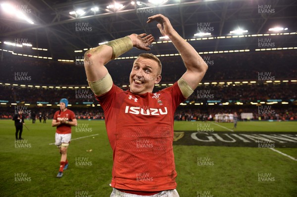 230219 - Wales v England - Guinness Six Nations - Hadleigh Parkes of Wales celebrate win at the end of the game