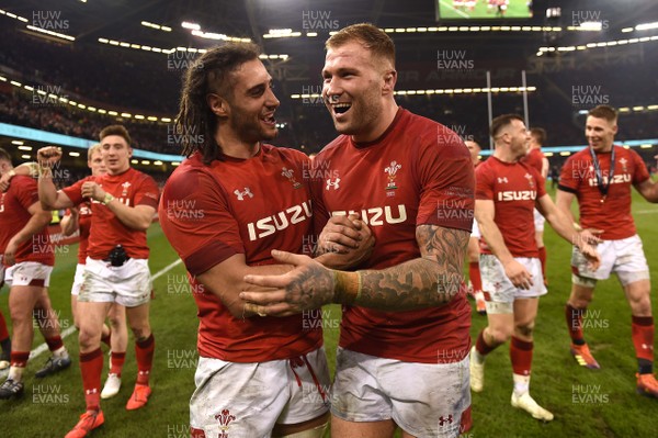 230219 - Wales v England - Guinness Six Nations - Josh Navidi and Ross Moriarty of Wales celebrate win at the end of the game