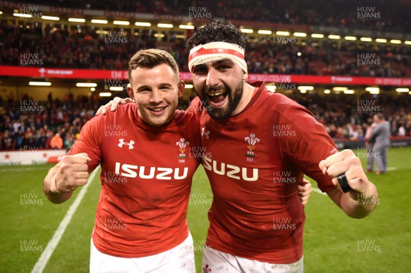 230219 - Wales v England - Guinness Six Nations - Elliot Dee and Cory Hill of Wales celebrate win at the end of the game