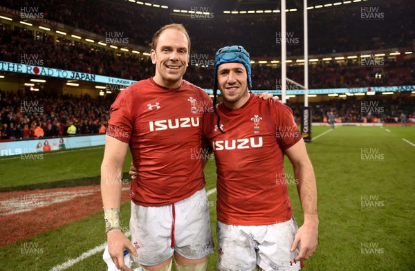 230219 - Wales v England - Guinness Six Nations - Alun Wyn Jones and Justin Tipuric of Wales celebrate win at the end of the game