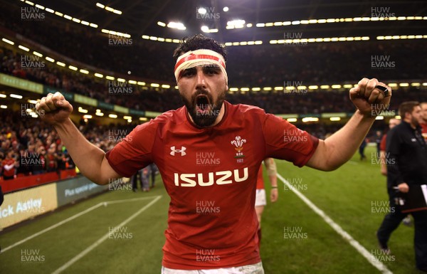 230219 - Wales v England - Guinness Six Nations - Cory Hill of Wales celebrate win at the end of the game