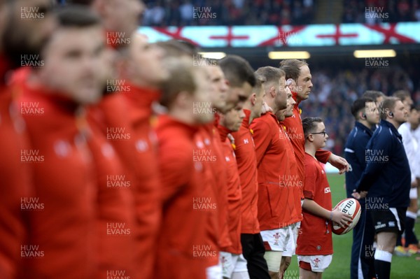 230219 - Wales v England - Guinness Six Nations - Alun Wyn Jones of Wales during anthems with mascot