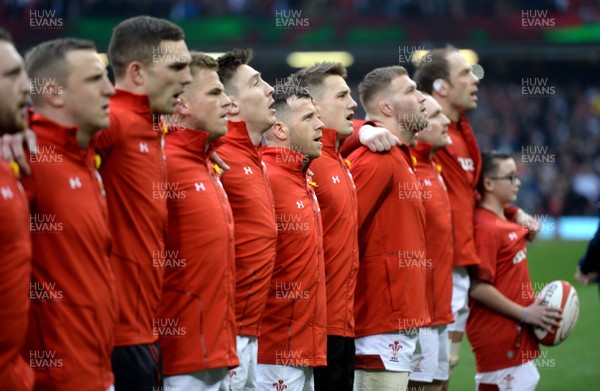 230219 - Wales v England - Guinness Six Nations - Gareth Davies of Wales during anthems