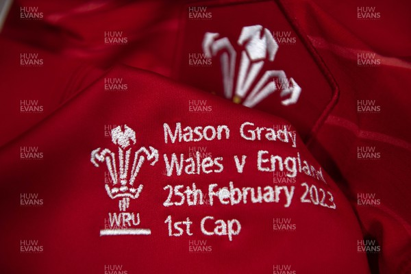 250223 - Wales v England - Guinness Six Nations 2023 - Mason Grady jersey hangs in the dressing room