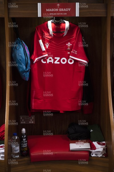 250223 - Wales v England - Guinness Six Nations 2023 - Mason Grady jersey hangs in the dressing room