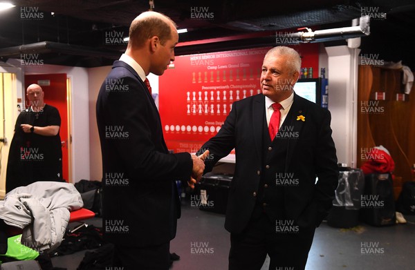250223 - Wales v England - Guinness Six Nations 2023 - Wales head coach Warren Gatland with HRH Prince William, The Prince of Wales in the Wales dressing room after the match