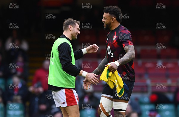 250223 - Wales v England - Guinness Six Nations 2023 - Dan Biggar of Wales and Courtney Lawes of England