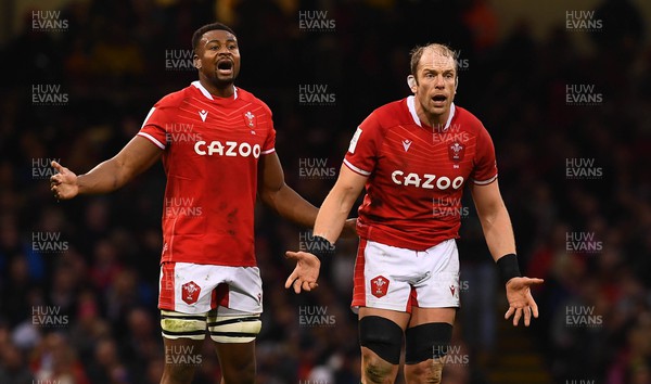 250223 - Wales v England - Guinness Six Nations 2023 - Christ Tshiunza and Alun Wyn Jones of Wales